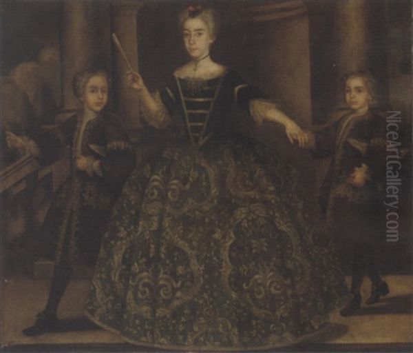 Portrait Of Dona Maria De Montaner Y Canglada And Her Two Sons, She In A Green Floral Embroidered Dress, A Fan In Her Right Hand, The Boys In Embroidered Brown Coats - view 1