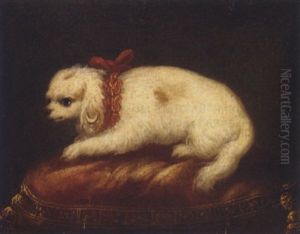 A Spaniel On An Embroidered Red Cushion by Jean Ranc