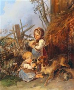 Two Girls With A Dog Family