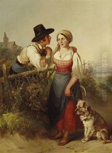 Junges Bauernpaar In Tracht Mit Hund Am See