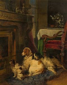 Three Dogs In Front Of A Fireplace