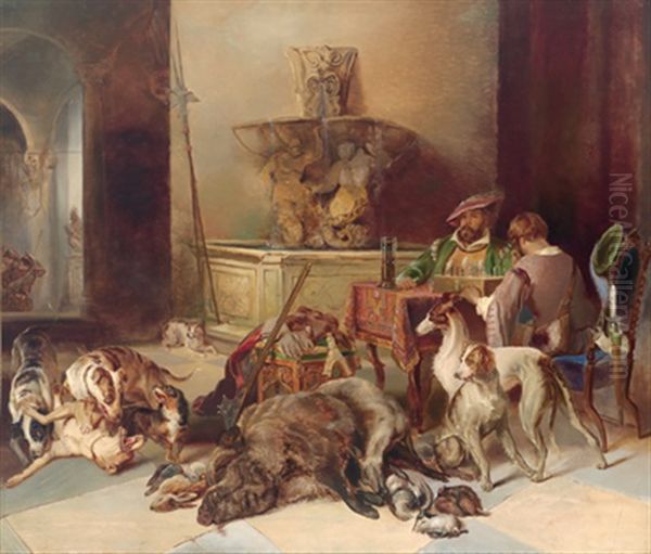 In Der Schloshalle, Links An Einem Tisch Zwei Jagdherren, Darunter Der Kunstler, Schach Spielend, Vor Ihnen Die Jagdbeute - view 1