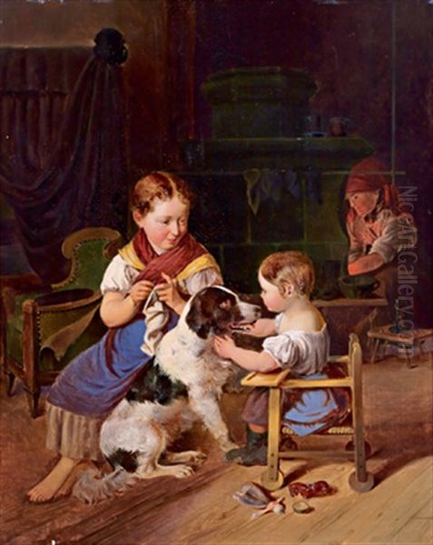 Familienidyll Mit Strickendem Madchen - view 1