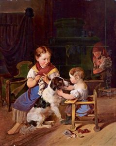 Familienidyll Mit Strickendem Madchen by Johann Matthias Ranftl