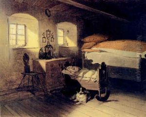 Bauernstube Mit Schlafendem Wiegenkind