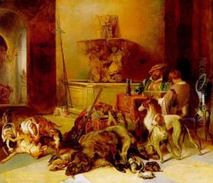 In Der Schlosshalle, Links Am Tisch Zwei Jagdherren, Darunter Der Kunstler Selbst, Schach Spielend, Vor Ihnen Die Jagdbeute In Der Schlosshalle, Links Am Tisch Zwei Jagdherren, Darunter Der Kunstler Selbst, Schach Spielend, Vor Ihnen Die Jagdbeute