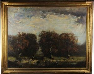 Andscape Painting With Figure Riding A Horse Through A Pathway