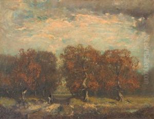 Approaching Storm In An Autumnal Landscape With Rider On A Trail by Henry Ward Ranger