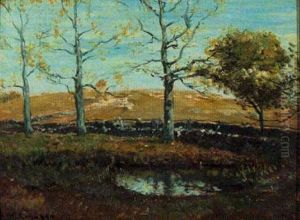 Late Fall Landscape With Stone Fence And Pond by Henry Ward Ranger