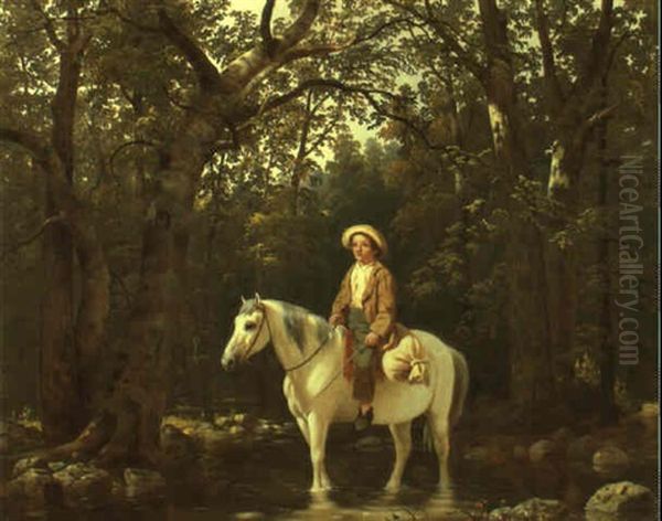 Boy On Horse Fording A Stream - view 1