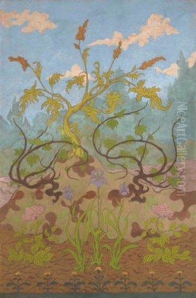 Iris Et Grandes Fleurs Jaunes Et Mauves - view 1