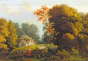Efterarsskov Med Bondehus Og Pige, Der Henter Vand I En A by Charles Nicolas Ransonnette