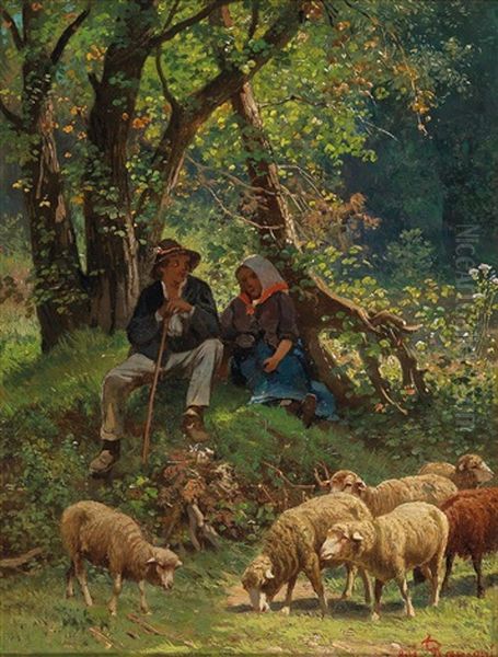 Shepherd Couple Resting By The Woodland"s Edge - view 1