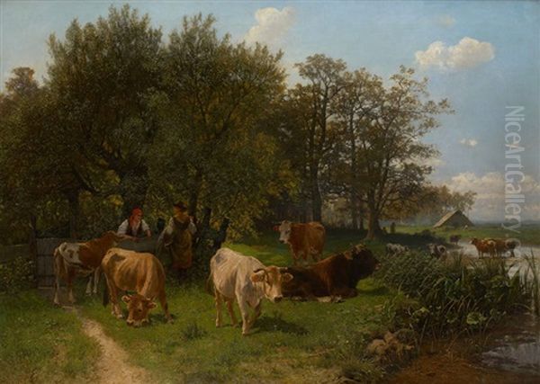 Conversation De Bergeres Dans Un Paysage Ensoleille - view 1