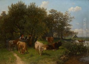 Conversation De Bergeres Dans Un Paysage Ensoleille