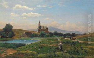 Landschaft Mit Kirche Und Figurlicher Staffage