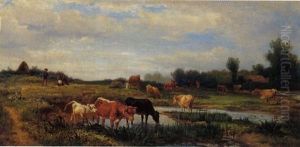 Kuhherde Mit Hirten Am Kleinen Teich