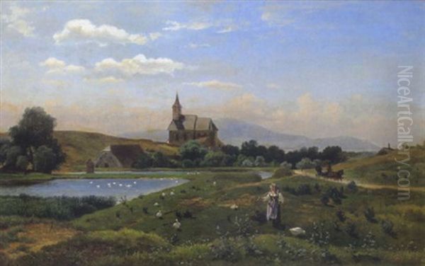 Gansehirtin Vor Einem Dorfkirchenlein - view 1