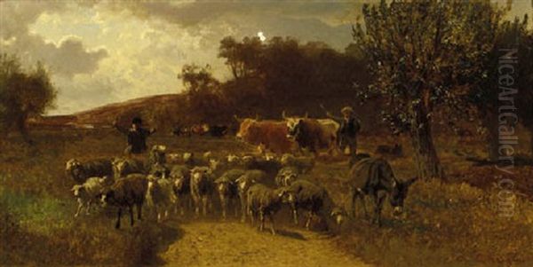 Shepherds With Cattle In A Summer Landscape - view 1