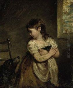 A Girl Holding A Kitten In An Interior, A Dog Beside Her