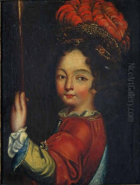 Half Portrait Of Princely Boy Wearing Red Feather Hat - view 1