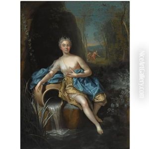 Portrait Historie Of A Seated Lady Scarcely Clad And In The Guise Of A Nymph Near A Source, In A Wooded Landscape With Two Huntresses In The Background by Jean Raoux