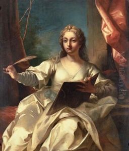 Portrait Of A Lady In A White Silk Dress And Blue Sash by Jean Raoux