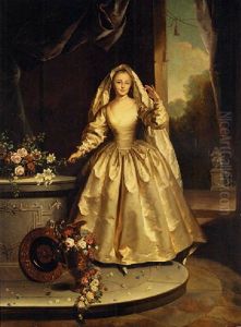 Portrait Of Marie-francoise Boucher As A Vestal Virgin, Holding A Bunch Of Lilies, A Landscape Beyond by Jean Raoux