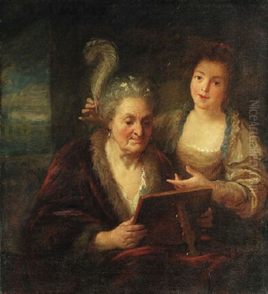 An Elderly Lady Admiring Herself In A Mirror Assisted By Her Chamber Maid - view 1