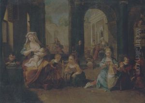 Schoolchildren Playing And A Mother Suckling An Infant by Jean Raoux