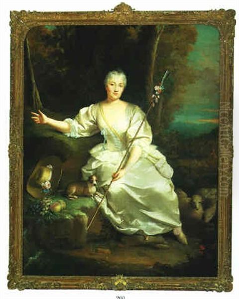 Portrait Of The Marquise De Changey In The Guise Of A Shepherdess, In A Wooden Landscape With Her Dog - view 1