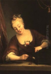 A Lady At A Window Feeding Birds by Jean Raoux
