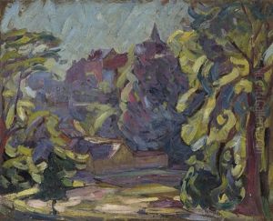 View Of Houses And A Church Through The Trees by Joseph Morris Raphael
