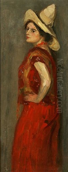 Woman In Red Vest & Large Hat - view 1