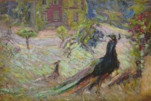 Peacocks In A Field, A House In The Distance by Joseph Morris Raphael