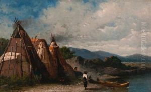 Three Montagnais Indian Birch Bark Wigwams, Point-au-pic, Murray Bay by William Raphael