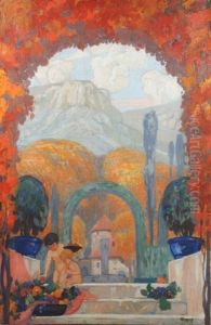 Paysage Provencal Avec Deux Enfants Sur Fond De Montagne Sainte-victoire by Henri Rapin