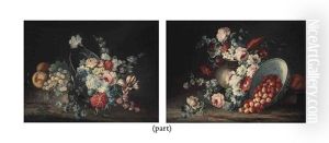 Roses, Peonies And Other Flowers In An Upturned Bowl With Peaches And Grapes; And Cherries In An Upturned Bowl With Flowers In A Vase by Michele Antonio Rapous