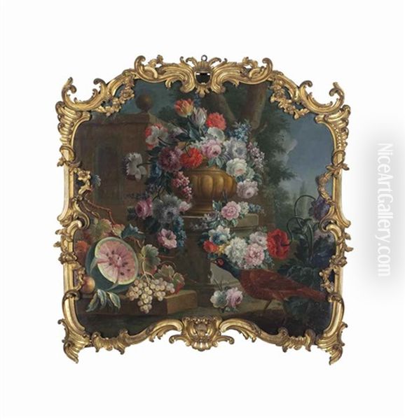 Roses, Tulips, Carnations And Peonies In A Sculpted Urn, With A Watermelon, Grapes And Peaches, And A Pheasant In A Garden - view 1