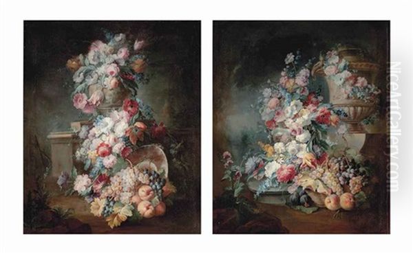 Tulips, Roses, Poppies, Convolvulus And Other Flowers In A Sculpted Urn...; Roses, Convolvulus, Poppies And Other Flowers In A Silver Vase... (pair) - view 1