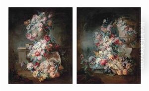 Tulips, Roses, Poppies, Convolvulus And Other Flowers In A Sculpted Urn...; Roses, Convolvulus, Poppies And Other Flowers In A Silver Vase... (pair)