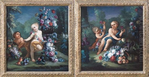 Composizione Di Fiori E Putti Entro Paesaggio (+ Another; Pair) - view 1