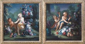 Composizione Di Fiori E Putti Entro Paesaggio (+ Another; Pair) by Michele Antonio Rapous