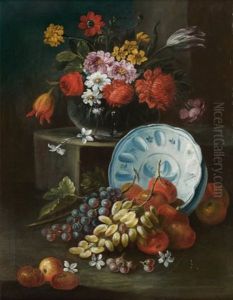 Nature Morte Au Bol De Porcelaine, Fruits Et Vase De Fleurs