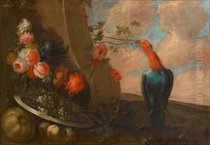 A Peahen Beside A Stone Column With A Basket Of Grapes, Peaches And Pomegranates With Pears And Other Fruit In A Landscape (+ A Pewter Dish Of Grapes With Roses, Chrysanthemums And Other Flowers Befor by Michele Antonio Rapous