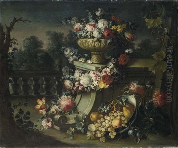 Vaso Con Fiori, Una Ghirlanda Di Fiori E Un Bacile Con Pere Ed Uva, In Un Giardino All'italiana - view 1