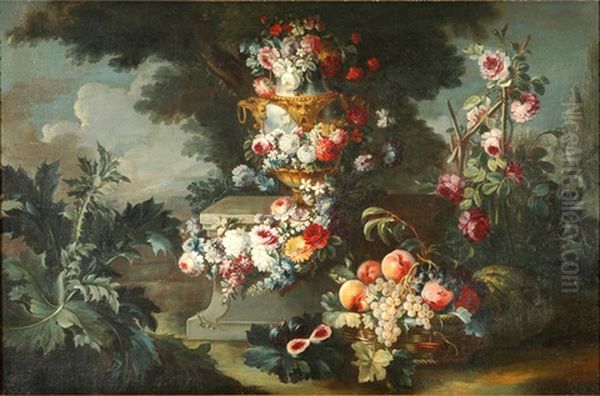 Stilleben Mit Blumen Und Fruchten Und Blick Auf Eine Landschaft - view 1