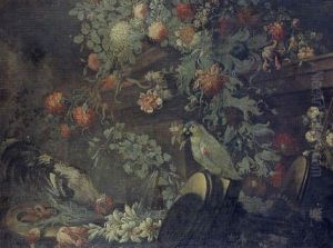 Fleurs Et Perroquet Devant Une Architecture by Michele Antonio Rapous