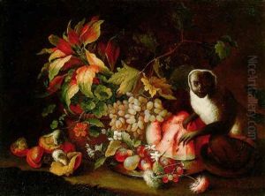 Still Life Of Flowers And Fruit With A Monkey by Michele Antonio Rapous