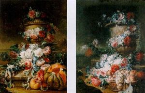 Still Life Of A Garland Of Flowers Draped Around An Urn, With Peaches And A Melon